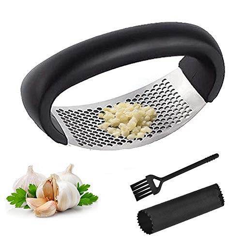 Garlic Press,Stainless Steel Garlic Press Rocker,Garlic Mincer Crusher and Peeler/Rocking Garlic Press with Silicone Peeler and Cleaning Brush