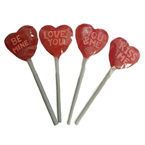 Valentine's Day Heart Lollipops Candy - 10 Count Sweet Heart Red Lolli pops With Be Mine Words Including "Be Mine" "Love You" "You  and  Me" And "Kiss Me"