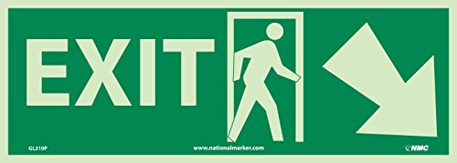 NMC GL310P Fire Sign, Legend "EXIT" with Door And Right Down Arrow Graphic, 14" Length x 5" Height, Glow Polyester, Yellow on Green