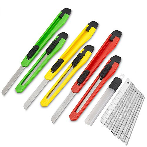 Fixson Utility Knife 9-MM Box Cutter (6 PACK) Retractable Razor Blades Knifes with Snap Off Blades and Slide Locks, Great Packaging Tools  and  Hobby Knife (10 REPLACEMENT BLADES INCLUDED)