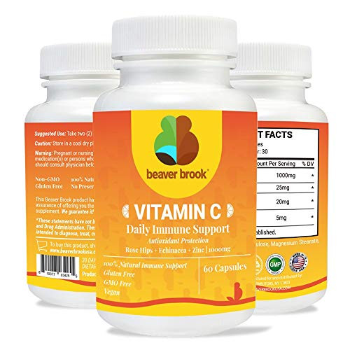 Vitamin C 1000mg with Rose Hips, Zinc  and  Echinacea Maintains Healthy System, Supports Antioxidant Protection, Non-GMO, Gluten Free, Vegan - 60 Capsules