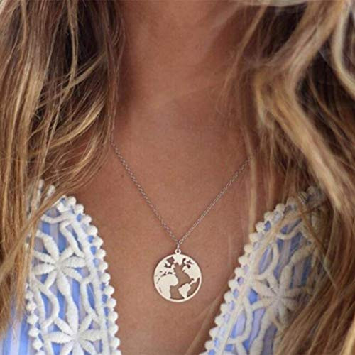 Shegirl World Map Necklace Geometric Earth Globe Hollow Necklace Charm Silver Round Pendant Necklace for Women and Girls (Silver)