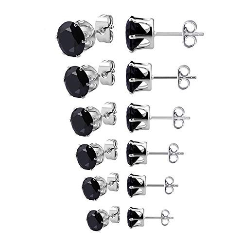 925 Sterling Silver Round Cubic Zirconia Gem Stud Earrings Set,3mm-8mm 6 Pairs (Black)