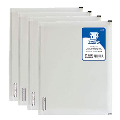 BAZIC Letter Size Clear Zip Closure Envelope, Plastic Poly Envelopes, A4 Legal Document, Office Business Organizer Zipper Folder Files, 4-Pack