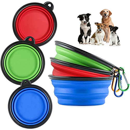 3 Pack Collapsible Dog Bowl, Foldable Expandable Dog Water Bowls Cat Cup Dish, Portable Travel Bowl with Free Carabiner, Pet Feeding Watering Dish for Walking Parking