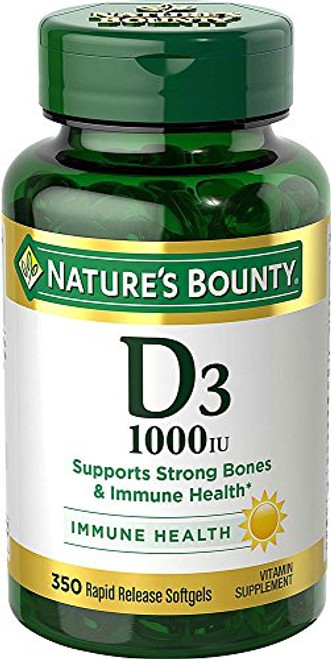 Vitamin D3 by Natures Bounty for immune support. Vitamin D3 provides immune support and promotes healthy bones. 1000IU, 350 Softgels