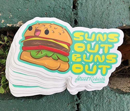 1 Suns Out Buns Out Sticker - One 4 Inch WaterProof Vinyl - Funny Beach Pun Decal For Hydro Flask Skateboard Laptop etc