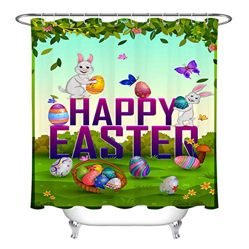 LB Cartoon Bunny Butterfly Easter Eggs Shower Curtain Set for Bathroom, Easter Holiday Festival Themed Curtain Drapes, 70 x 70 Inch Polyester Fabric Shower Curtain Waterproof Mildew Free