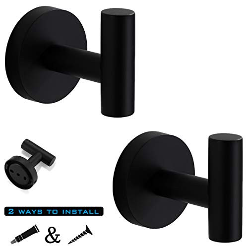 OKF Bathroom Towel Hooks SUS 304 Stainless Steel Coat Hook Round Clothes Towel Coat Robe Hook Cabinet Closet Door Sponges Holder for Bath Kitchen Garage Hotel,Wall Mounted, Matte Black, 2Pack