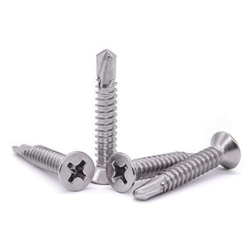 12 x 1-1/4" Flat Head Self Drilling Screw Pack of 50, 410 Stainless Steel, Phillips Drive Sheet Metal Tek Screws, Modified Truss Head Self Driller, Self Tapping Screws