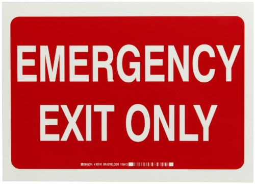 Brady 90616 10" Height, 14" Width, B-324 Polyester, Green On Red Color Glow-In-The-Dark Exit And Directional Sign, Legend "Emergency Exit Only"