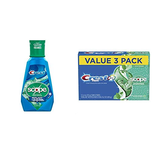 Crest Scope Outlast Mouthwash Long Lasting Peppermint with Crest Complete Whitening Plus Scope Toothpaste, Minty Fresh, 5.4 Ounce Triple Pack