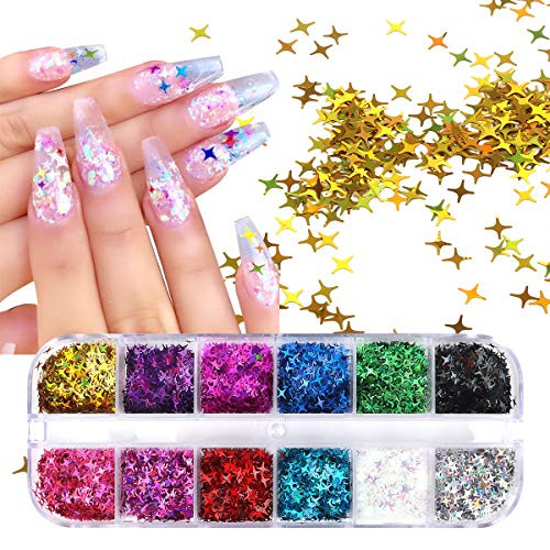 12 Colors Nail Art Glitters - 3D Nail Sequin Acrylic Paillettes, Colorful Flake Nails Supply Nail Sparkle Glitter Sticker Decals for Nail Art Decoration (Maple Leaf/Butterfly/Star/Heart) (Star)