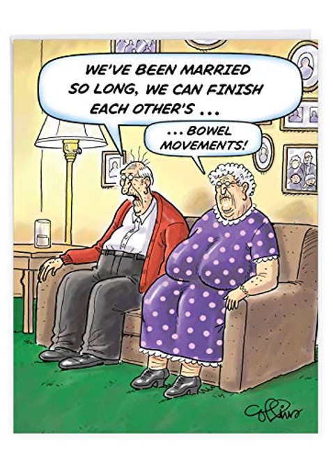 Bowel Movements Funny Anniversary Card with Envelope (Large 8.5 x 11 Inch) - Happy Anniversary Greeting Card for Wife, Husband, Senior Citizens - Cartoon Old Man, Woman Stationery Gift J9748
