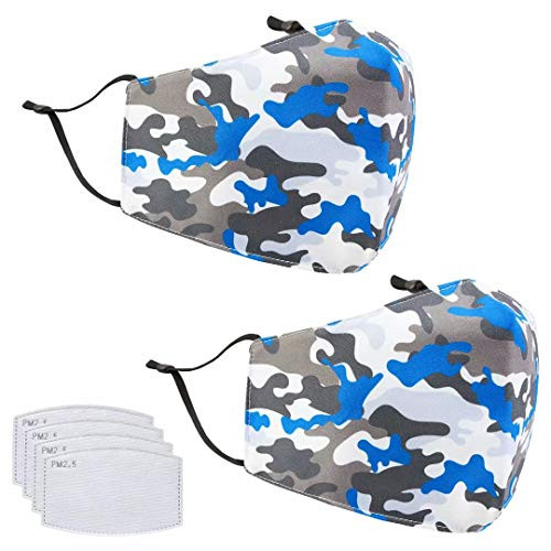 Camo-C Unisex Cotton Washable Reusable Face Mask Adjustable Dustproof Comfortable Cloth Masks with Filter Pockets 2 PCS