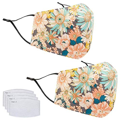 Flower-B Unisex Cotton Washable Reusable Face Mask Adjustable Dustproof Comfortable Cloth Masks with Filter Pockets 2 PCS