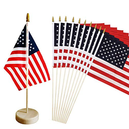 PETDUDE Small American Flags 5x8 Inch/Small US Flags/Mini American Flag on Stick/American Hand Held Stick Flags Spear Top (10 Pack)