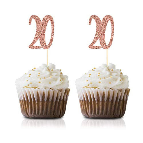 Rose Gold 20th Birthday Cupcake Topper, 24-Pack Number 20 Glitter Happy Birthday Party Cupcake Toppers, Decorations
