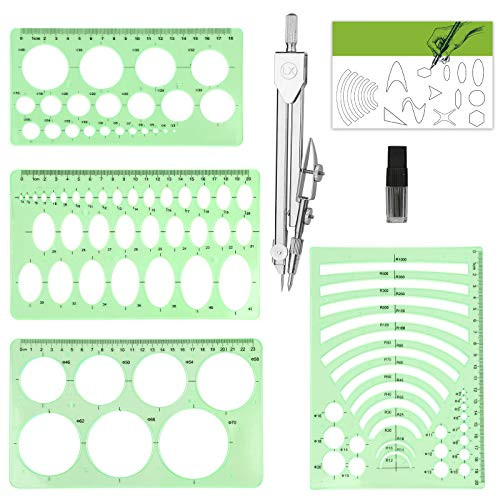 Templates Measuring Geometry Ruler Shape Stencils Drawing Set with Professional Compass, Plastic Geometric Drawing Painting Stencils Scale Drafting Tools for School and Office, Drawings Drafting