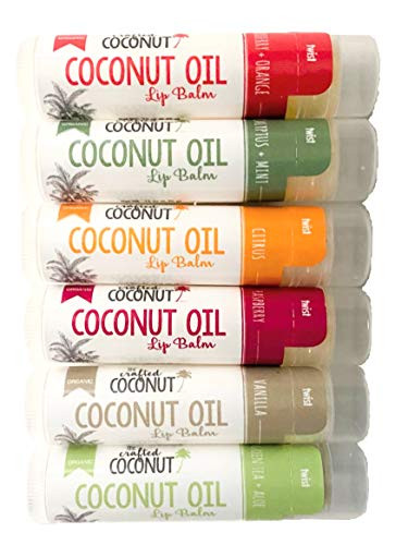 USDA Certified Organic Coconut Oil Plus Beeswax Lip Balm with Vitamin E from The Crafted Coconut - 100 percent Natural and Blended with Essential Oils - Healing for Dry Chapped Lips - Value Pack of 6 Flavors