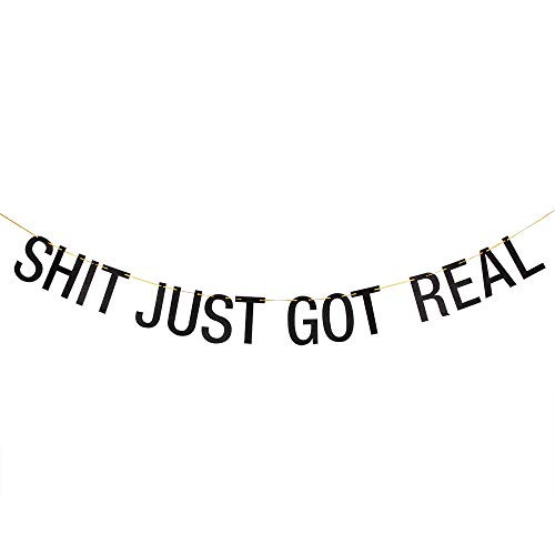 Shit Just Got Real Banner, Engagement, Pregnancy Announcement,Bridal Shower, Bachelorette Party, Funny Wedding Party Hanging Paper flag(Black Glitter 6.9 ft)