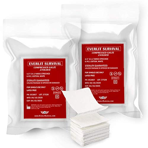 Everlit -2 Pack- Z-Folded Compressed Sterile Gauze 4.5" x 4.1 Yards, 6-Ply White Cotton, Essential First Aid and Stop The Bleed Kit Supply for Home, Medical, and Tactical Emergency Use (2)