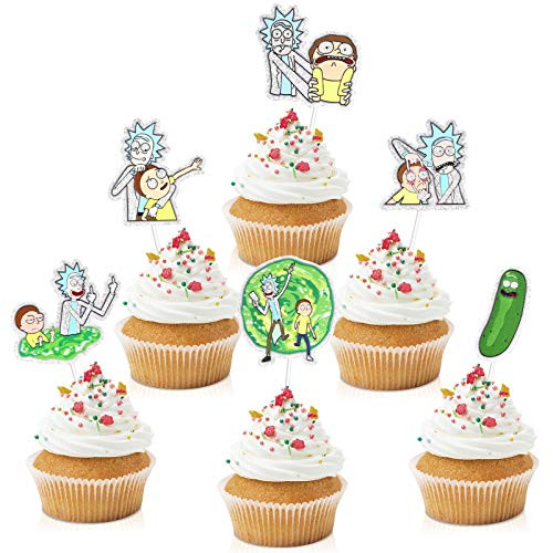 18pcs Rick And Morty Cupcake Toppers - Cartoon Party Glitter Pickle Rick Morty Portal Cupcake Supplies - Boys Girls Birthday Party Decoration Favors