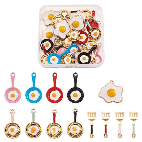 FASHEWELRY 30Pcs Alloy Enamel Fried Egg Pan Pendant Mixed Shapes Pan with Fried Egg Poached Egg Dangle Charms for DIY Jewelry Making