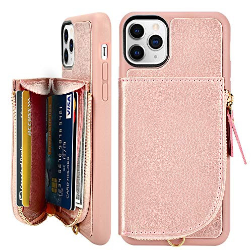 LAMEEKU iPhone 11 Pro Max Wallet Case, iPhone 11 Pro Max Case with Card Holder, Leather Zipper Case Purse with Card Slot Wrist Strap, Protective Cover for iPhone 11 Pro Max 6.5'' - Rose Gold