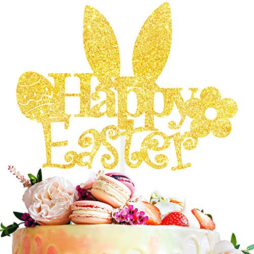 Happy Easter Cake Topper Gold Glitter Easter Egg Bunny Ears Flower Theme Decor Picks for Spring Easter Party Decorations Supplies