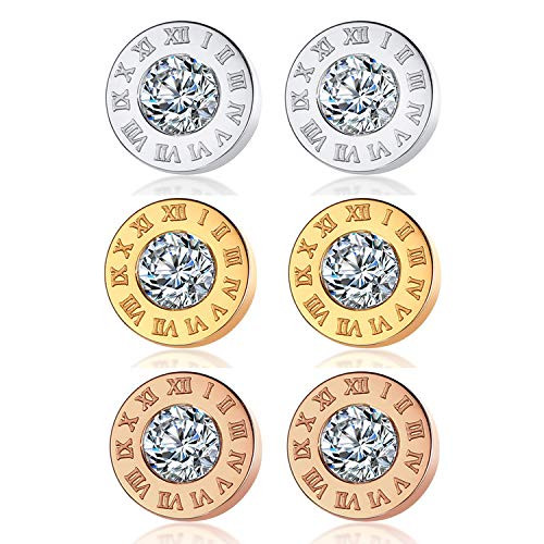 Cupimatch 3 Pairs Roman Numeral Cubic Zircon Stud Earrings Set, Stainless Steel Round Ear Pierced Earrings Jewelry for Women Girls Silver/Gold/Rose Gold