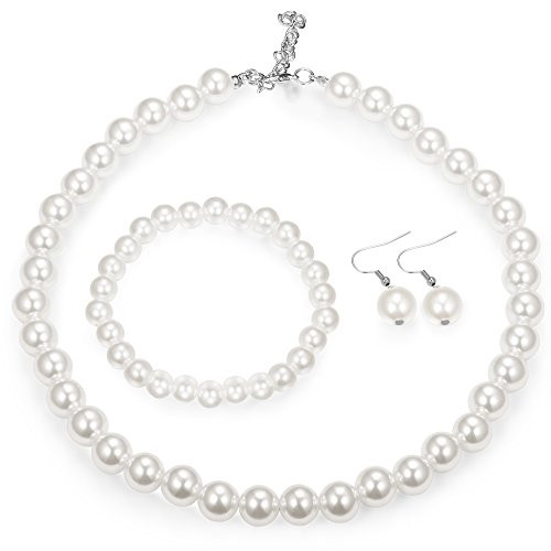 Finrezio Faux Pearl Crystal Necklace Earring Bracelet Set for Women Wedding Bridal Jewelry