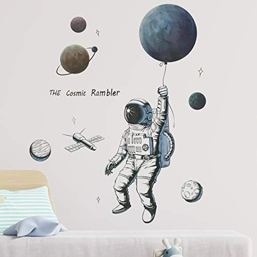 Astronaut Spaceman Wall Decals, HOLENGS Peel and Stick Outer Space Spaceship UFO Wall Stickers, Stars Planet Wall Decor for Kids Boys Explorer Living Room Bedroom Nursery Home Wall Decoration