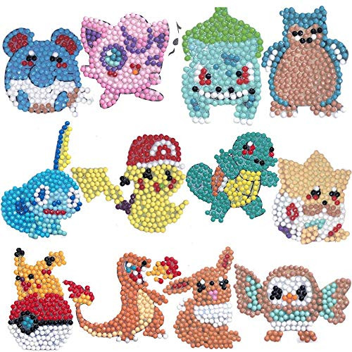 Suson 12 PCS 5D DIY Kids Diamond Painting Stickers Kits for Kids, Diamond Art Mosaic Stickers Digital Diamond Painting for Pokemon by Numbers Kits