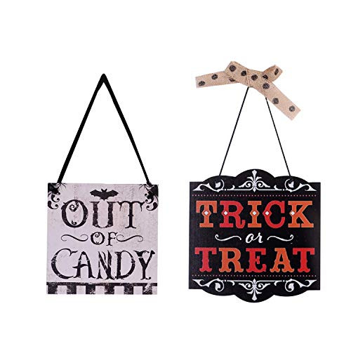 Ioffersuper 2Pcs Halloween Hanging Sign Wooden Plaque Board Out of Candy Sign Trick or Treat Decor for Haunted House Black Halloween Welcome Sign Front Porch Door Hanging Plaque Decoration