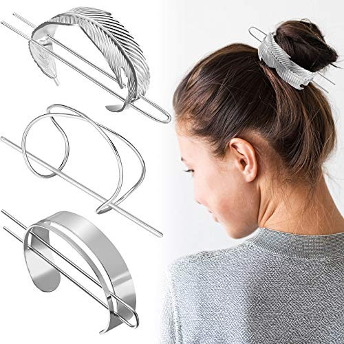 3 Pieces Hair Cuff Bun Set, Includes Feather Hair Cuff Bun, X Shaped Hair Cuff Bun and Round Top Hair Cuff Bun Women Bun Holder Hair Stick Wedding Hair Accessories for Women Girls (Silver)
