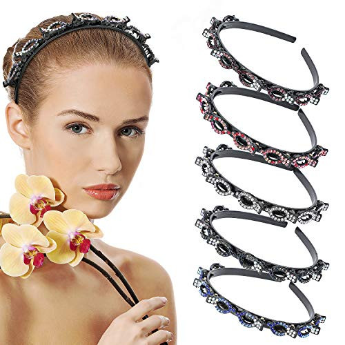 PAFUWEI 6 PCS Double Bangs Hairstyle Hairpin Headband for Women,Korean Braided Clip Headbands for Girl,Braided Hair Band Rhinestone Clip,Rhinestone Hollow Woven Headband
