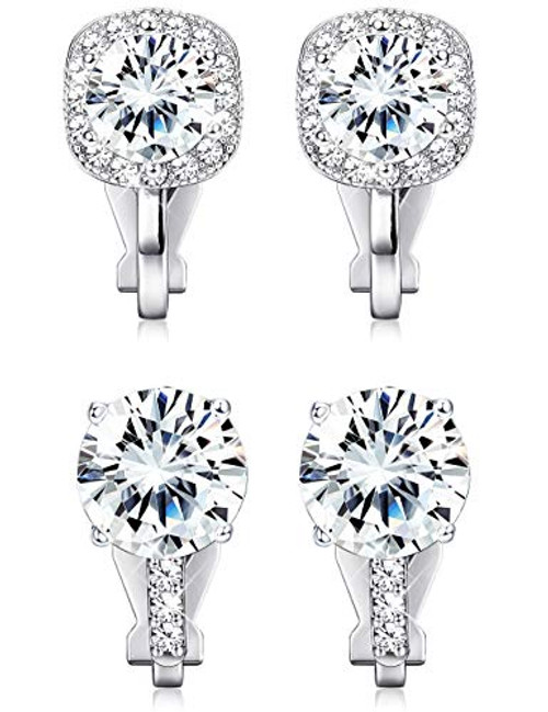 Fiasaso 2 Pairs Clip On Earrings Non Pierced Round Solitaires Cubic Zirconia Halo Earrings for Women Girls Style A