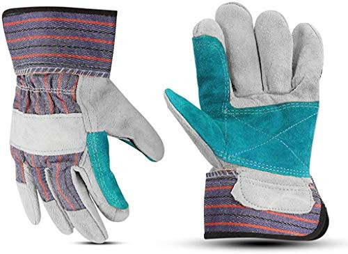 Glove Station Heavy Duty Double-Layer Cowhide Split Leather Palm Work Gloves with Rubberized Safety Cuff (Large (L), 2-Pack)