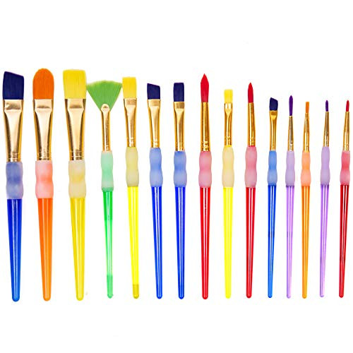 Horizon Group USA E-Z Grip Paint Brushes - 15 All Purpose Easy Grip Paint Brushes, Soft Rubber Grip Handle, Great with Watercolor, Acrylic  and  Washable Paints. Assorted Multicolored