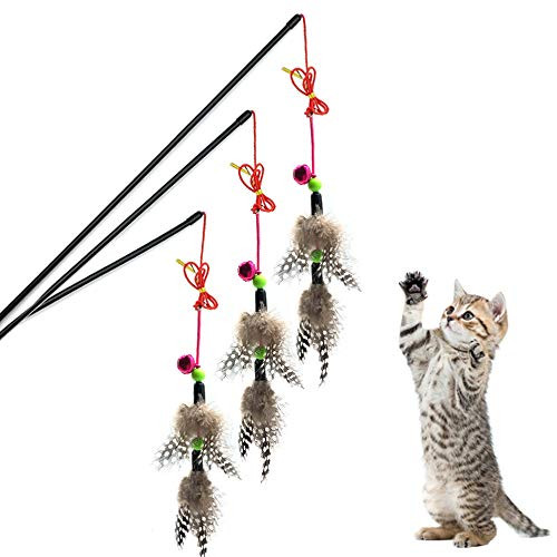 Worbee Cat Toys, 3 Pcs Cat Wand Toys Interactive Cat Feather Toy Cat Teaser Wand with Bells and Feather for Kitten Cat Having Fun Exerciser Playing