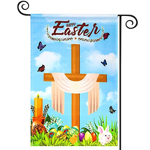 KYOEON Easter Garden Flag, Easter Bunny Happy Spring Easter Garden Flags 12 x 18 Double Sided, Burlap Farm Eggs Cross Easter Yard Flag for Outside Decoration