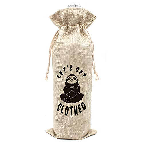 Lets Get Slothed Wine Bags - Funny Sloth Birthday gifts, Retirement gifts - Cotton burlap drawstring Wine Bags