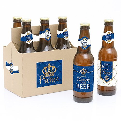 Royal Prince Charming - Baby Shower or Birthday Party Decorations for Women and Men - 6 Beer Bottle Label Stickers and 1 Carrier