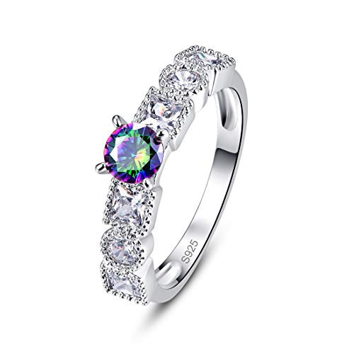 PAKULA 925 Sterling Silver Women Round Simulated Multicolored Gemstone Ring Band Mystic Fire Rainbow Topaz Princess Cut CZ Wedding Stackable Size 6