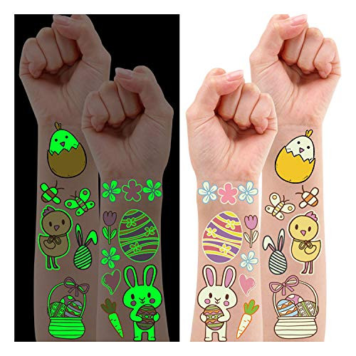 Glow Easter Temporary Tattoos for Kids Party Decorations, 40 Styles Luminous Easter Bunny Eggs Party Supplies Favors, Easter Gifts Tattoos Stickers (2 Sheets)