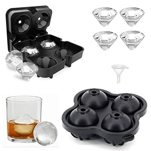 Ice Cube Trays for Freezer, Diamond and Round Shaped Silicone Ice Cube Molds for Bourbon, Cocktails, Whiskey, Large Ball Ice Cube Maker with Lid,BPA Free, Easy Release - Black