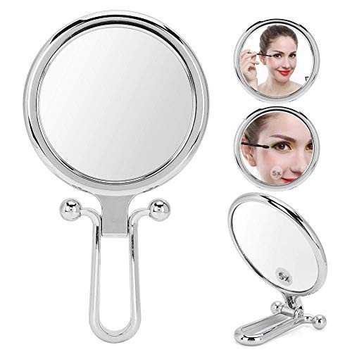 ?????????? ????? Round Cosmetic Mirror,5X Magnifying Folding Adjustable Cosmetic Mirror Double-Sided Makeup Mirror for Women(Silver)