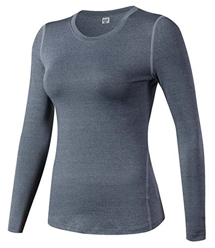HuaTu Women Performance Compression Base Layer Long Sleeve Crew Neck Tops Tee T Shirts (US Sizes L, Gray)