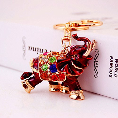 3D Luxury Elephant Keychain Sparkling Keyring Crystal Rhinestones Purse Pendant Handbag Charm (Red)